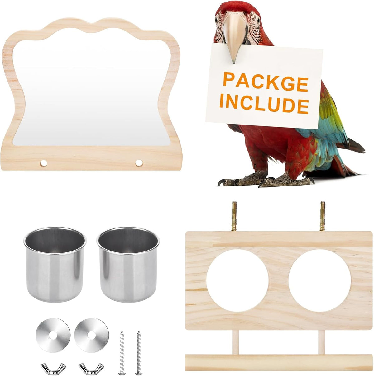 Wooden Bird Feeding Perch with Mirror & 2 Stainless Steel Cups