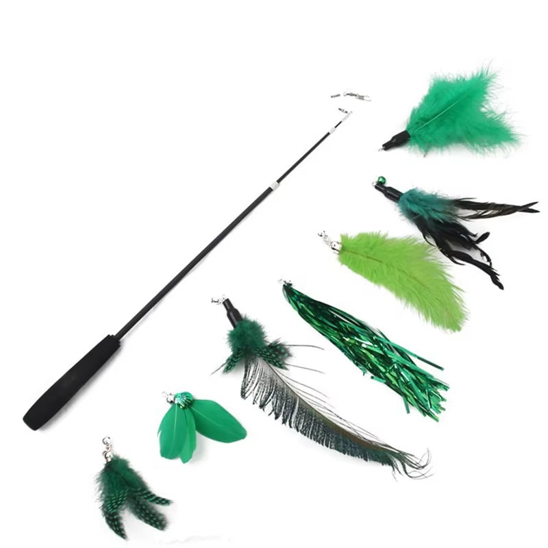 Cat Feather Toy 8PC Replacement Cat Stick with Bell Cat Feather Teaser Wand Pet Kitten Interactive Toy Retractable Fishing Road