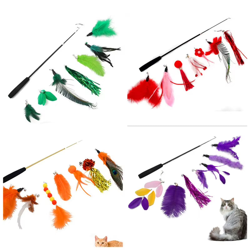 Cat Feather Toy 8PC Replacement Cat Stick with Bell Cat Feather Teaser Wand Pet Kitten Interactive Toy Retractable Fishing Road