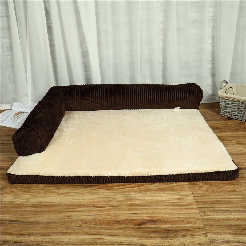 corduroy pet dog bed with soft cream padding and brown corduroy sides, perfect for pet comfort