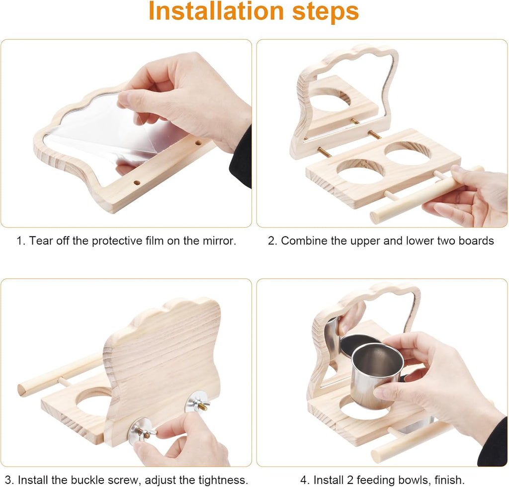 Wooden Bird Feeding Perch with Mirror & 2 Stainless Steel Cups