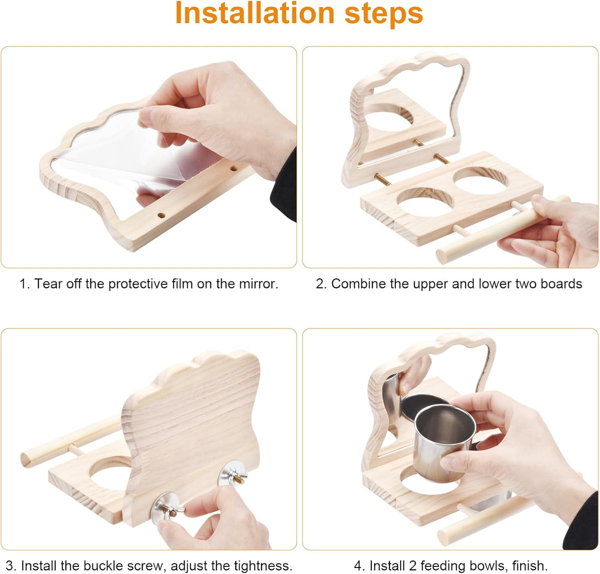 Wooden Bird Feeding Perch with Mirror & 2 Stainless Steel Cups
