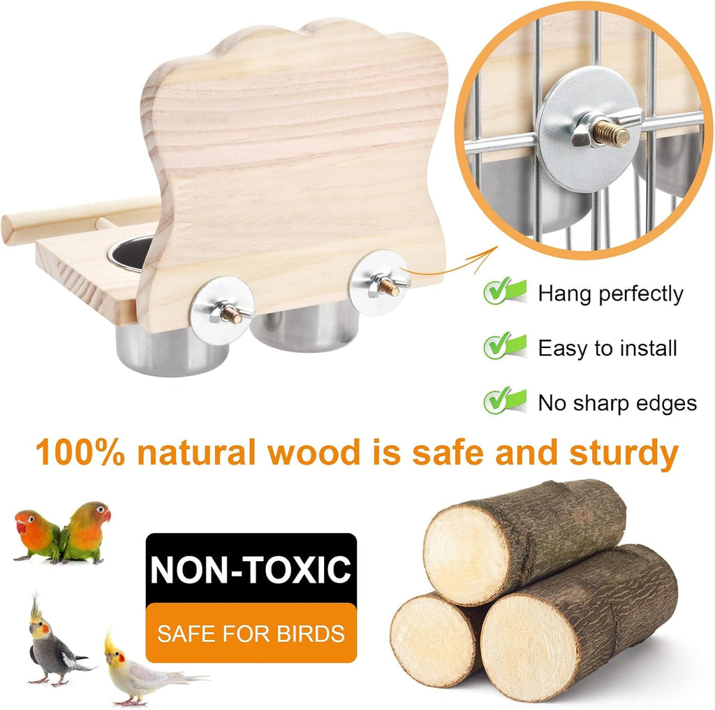 Wooden Bird Feeding Perch with Mirror & 2 Stainless Steel Cups