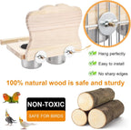 Wooden Bird Feeding Perch with Mirror & 2 Stainless Steel Cups