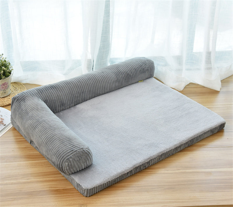 corduroy pet dog bed featuring a soft gray surface with raised bolsters for comfort and support