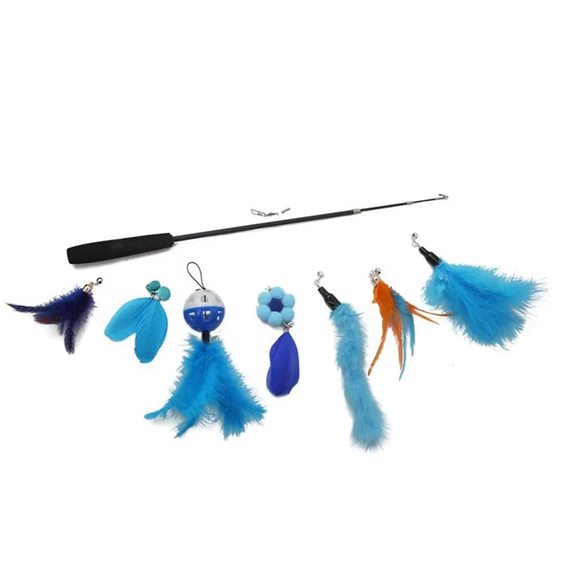 Cat Feather Toy 8PC Replacement Cat Stick with Bell Cat Feather Teaser Wand Pet Kitten Interactive Toy Retractable Fishing Road