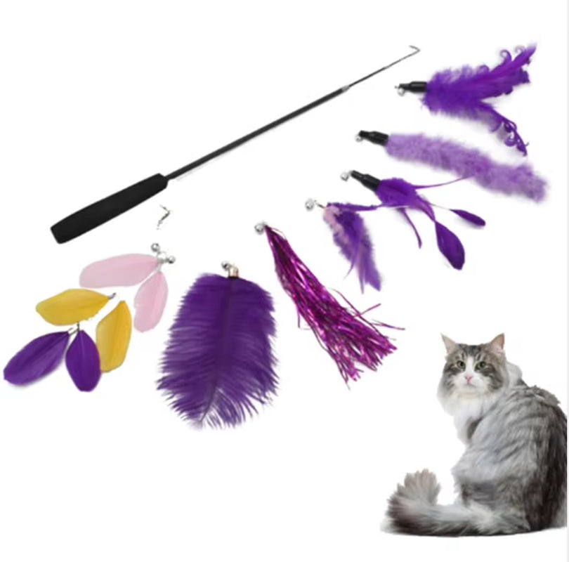 Cat Feather Toy 8PC Replacement Cat Stick with Bell Cat Feather Teaser Wand Pet Kitten Interactive Toy Retractable Fishing Road