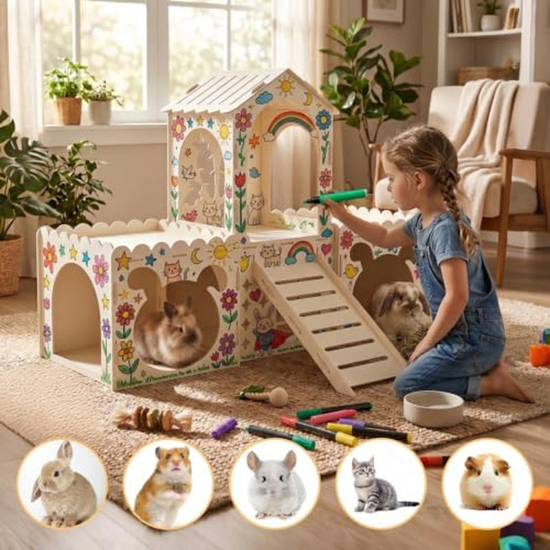 Wooden Rabbit Castle with Hay Rack & Ramp – Four Houses
