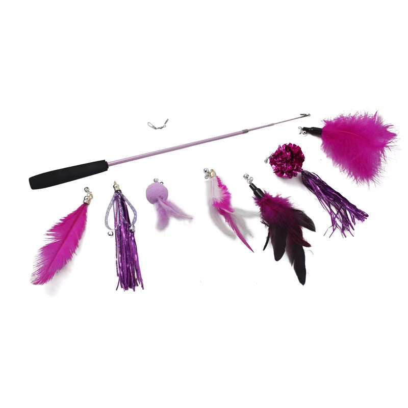 Cat Feather Toy 8PC Replacement Cat Stick with Bell Cat Feather Teaser Wand Pet Kitten Interactive Toy Retractable Fishing Road