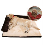 corduroy pet dog bed with a golden retriever lying down and a small dog on a pillow