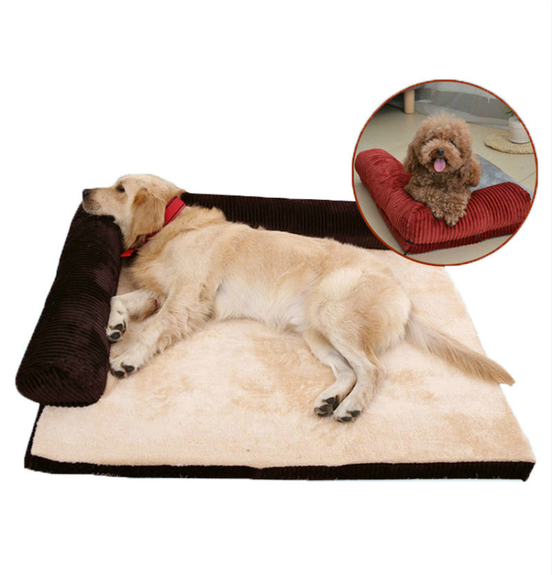 corduroy pet dog bed with a golden retriever lying down and a small dog on a pillow