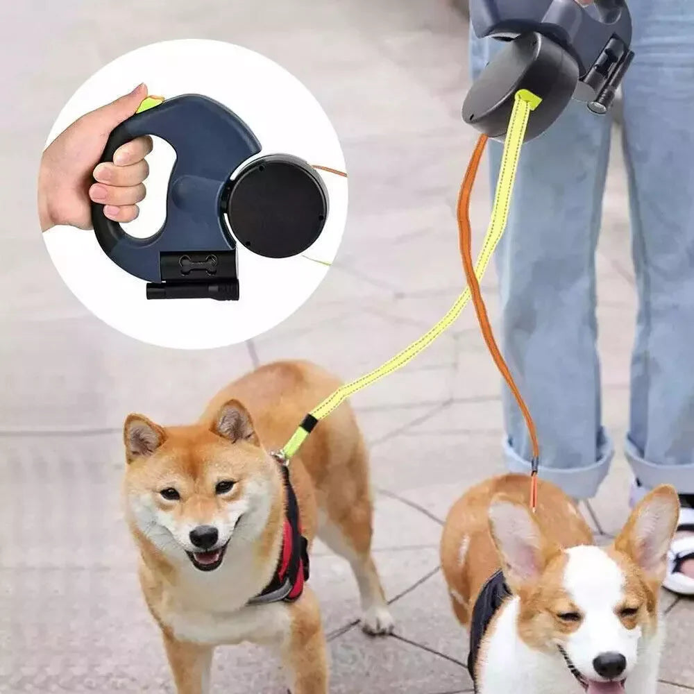 Dual Retractable Dog Leash with LED Light & Bag Holder – 10 ft