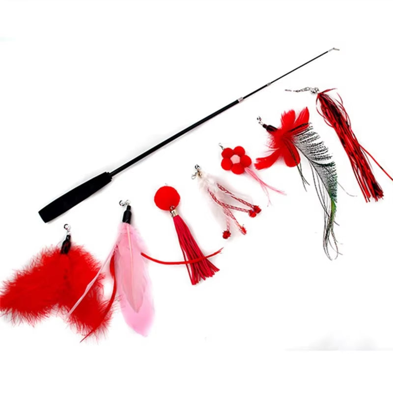 Cat Feather Toy 8PC Replacement Cat Stick with Bell Cat Feather Teaser Wand Pet Kitten Interactive Toy Retractable Fishing Road