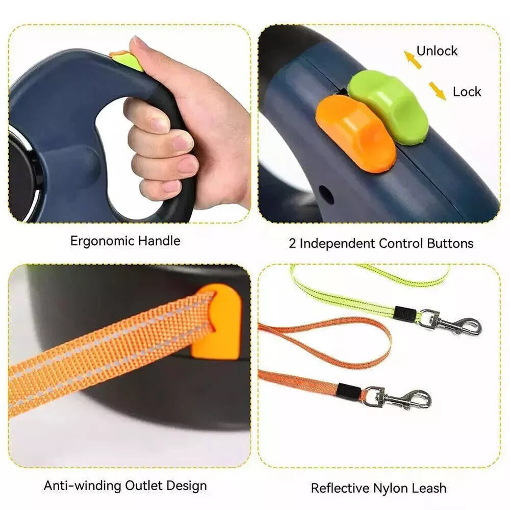 Dual Retractable Dog Leash with LED Light & Bag Holder – 10 ft