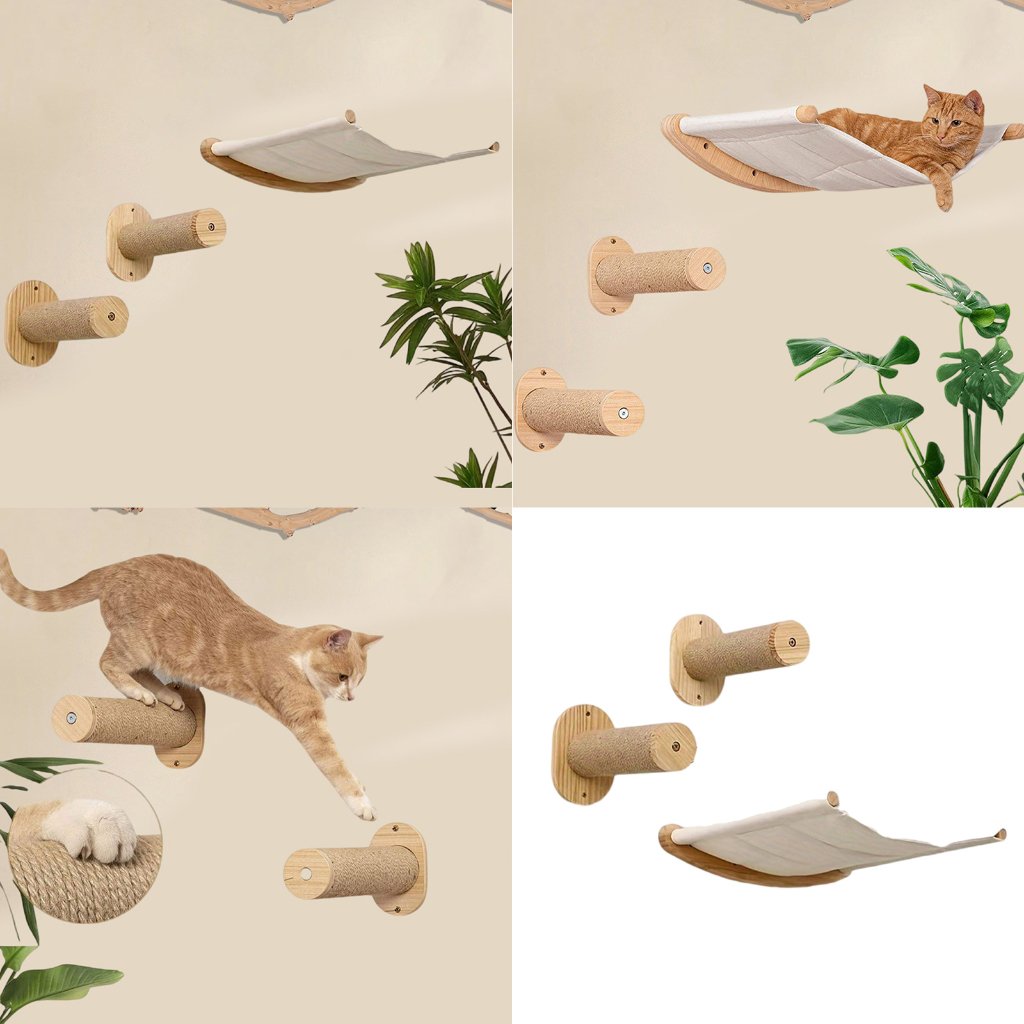 Wall-Mounted Cat Climbing Frame with Wooden Cat Bed and Hammock