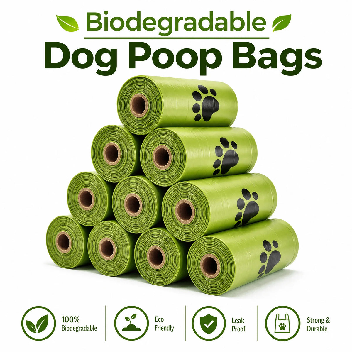 Dog Poop Bag Refill Rolls – Green Paw Print, 10-Pack