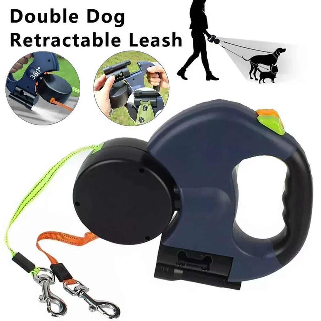 Dual Retractable Dog Leash with LED Light & Bag Holder – 10 ft