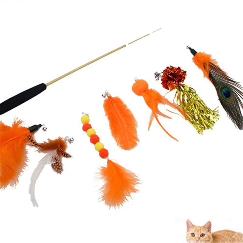 Cat Feather Toy 8PC Replacement Cat Stick with Bell Cat Feather Teaser Wand Pet Kitten Interactive Toy Retractable Fishing Road