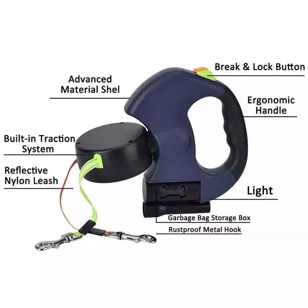 Dual Retractable Dog Leash with LED Light & Bag Holder – 10 ft