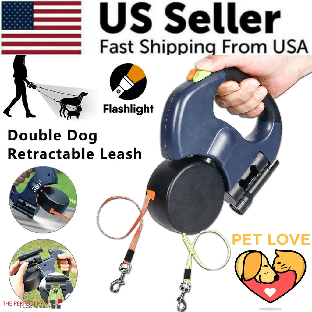 Dual Retractable Dog Leash with LED Light & Bag Holder – 10 ft