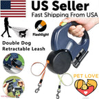 Dual Retractable Dog Leash with LED Light & Bag Holder – 10 ft