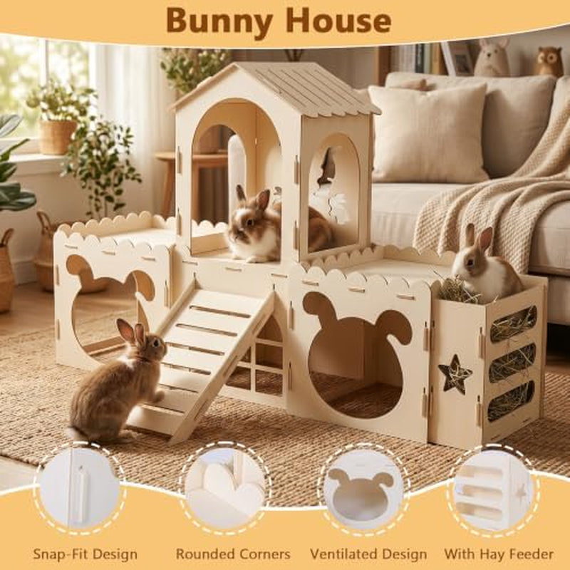 Wooden Rabbit Castle with Hay Rack & Ramp – Four Houses