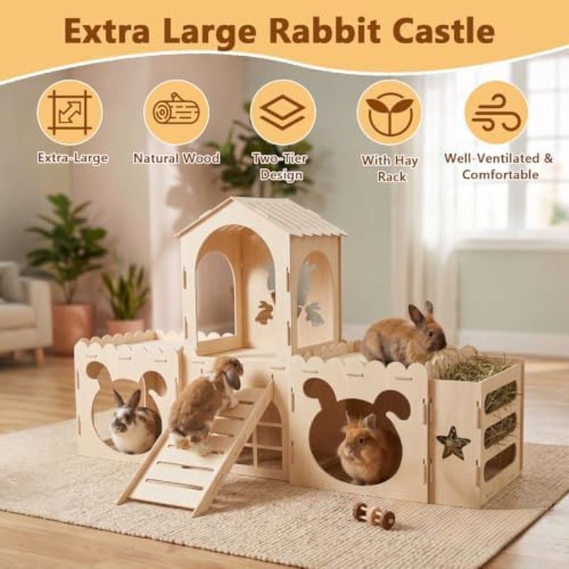 Wooden Rabbit Castle with Hay Rack & Ramp – Four Houses
