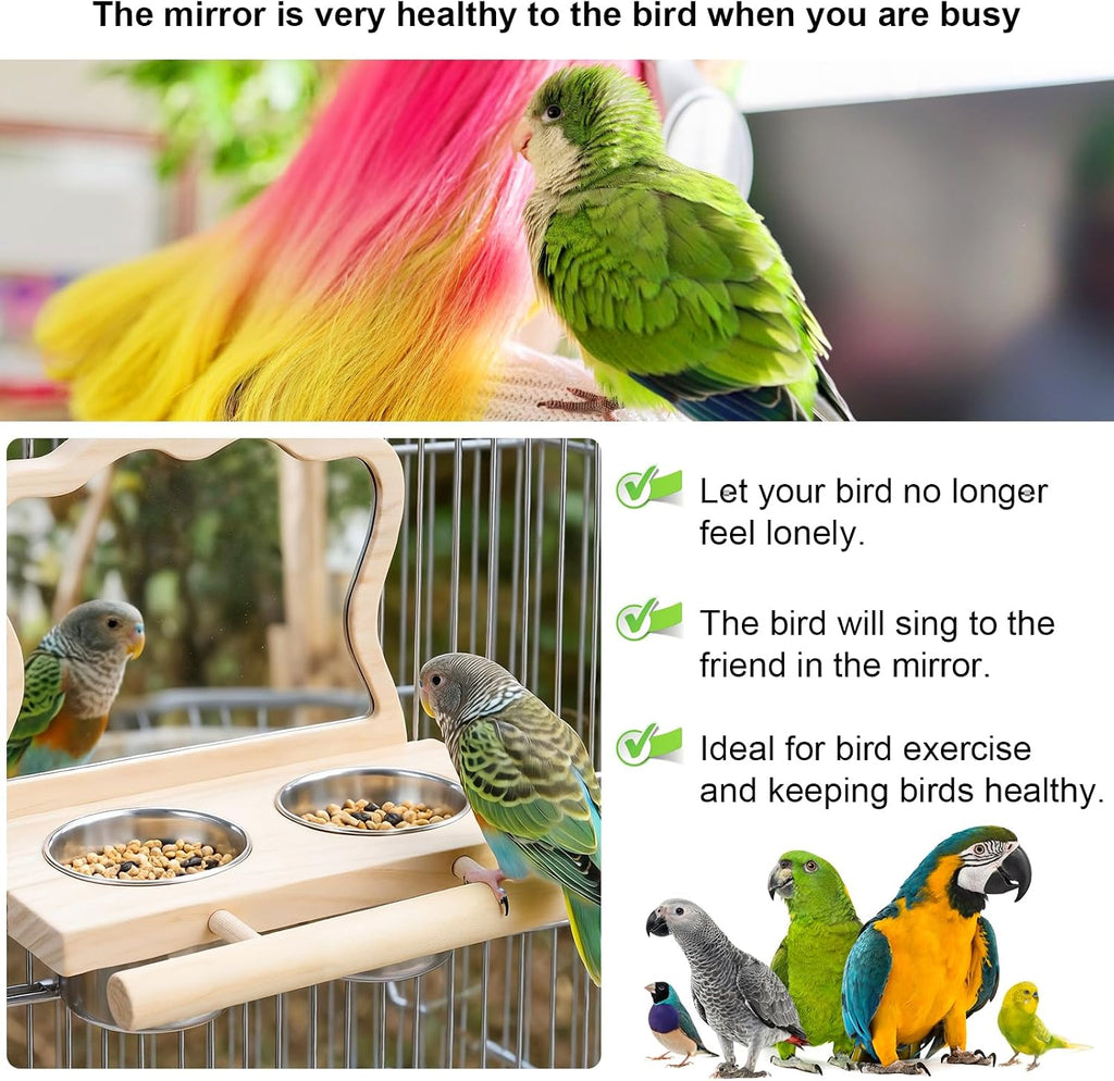Wooden Bird Feeding Perch with Mirror & 2 Stainless Steel Cups