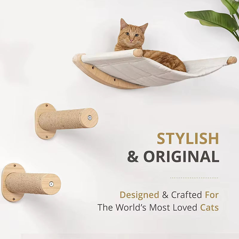 Wall-Mounted Cat Climbing Frame with Wooden Cat Bed and Hammock
