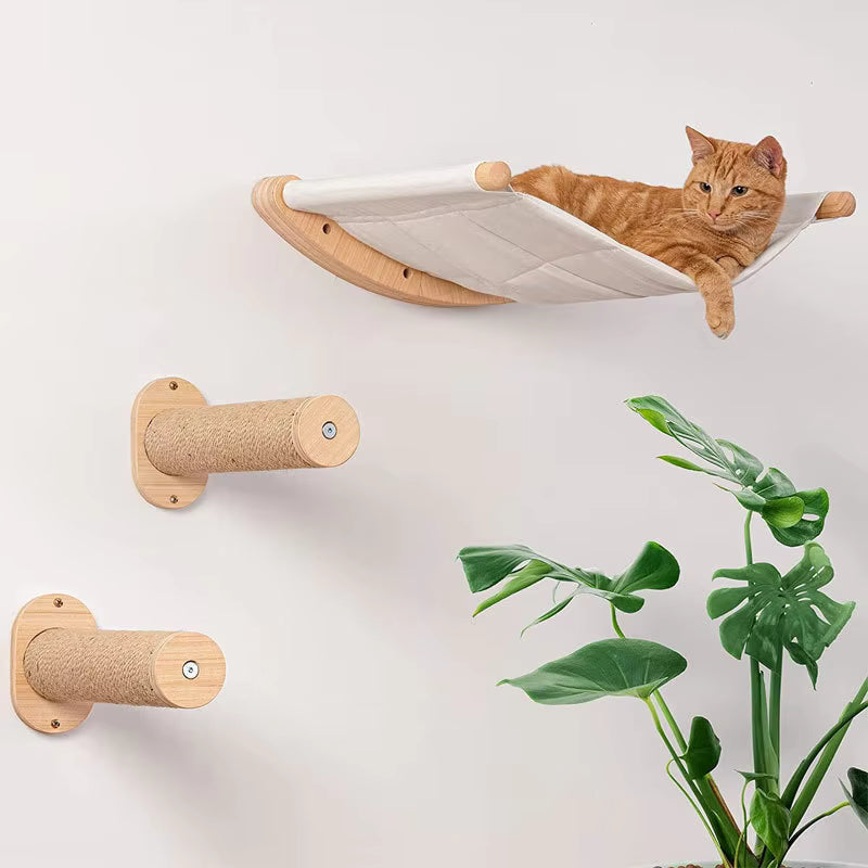 Wall-Mounted Cat Climbing Frame with Wooden Cat Bed and Hammock