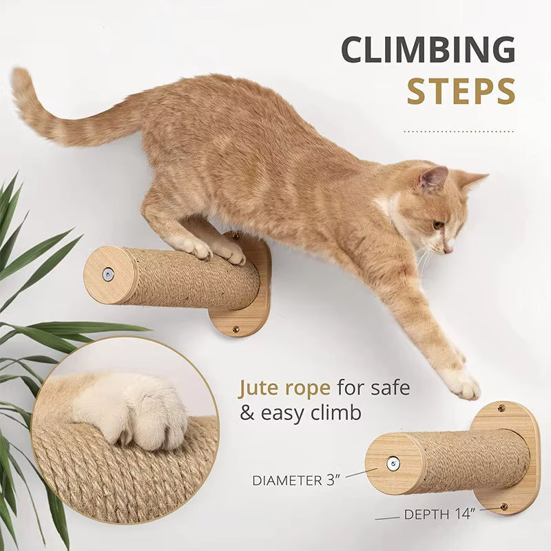 Wall-Mounted Cat Climbing Frame with Wooden Cat Bed and Hammock