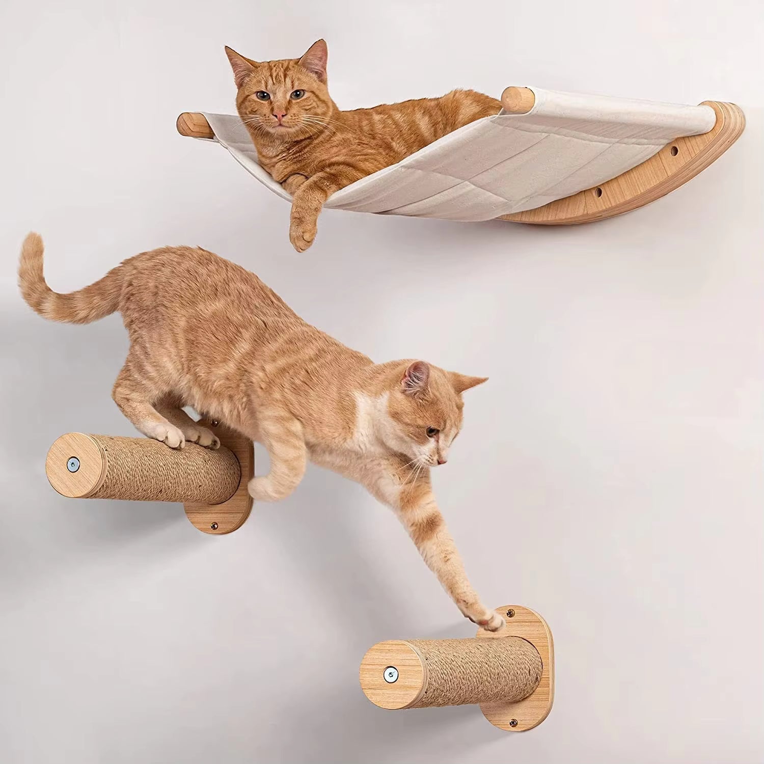 Wall-Mounted Cat Climbing Frame with Wooden Cat Bed and Hammock