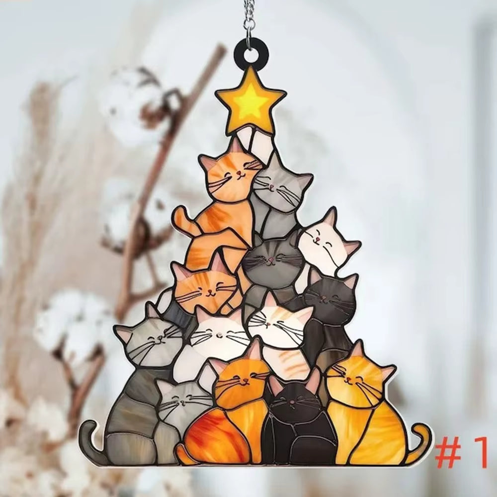 Cat Christmas tree suncatcher ornament