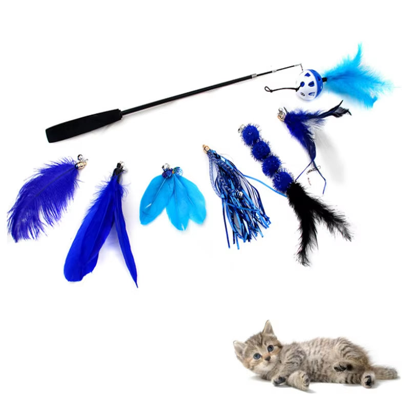 Cat Feather Toy 8PC Replacement Cat Stick with Bell Cat Feather Teaser Wand Pet Kitten Interactive Toy Retractable Fishing Road