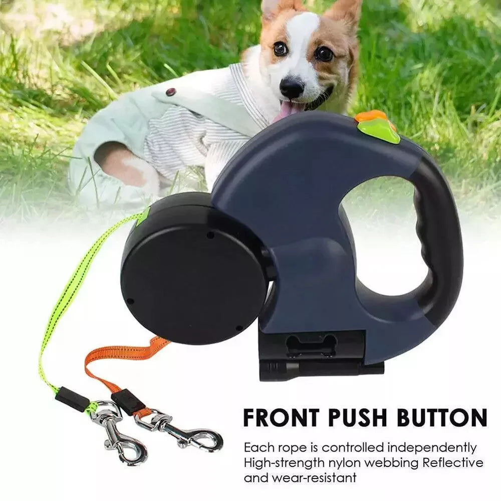 Dual Retractable Dog Leash with LED Light & Bag Holder – 10 ft