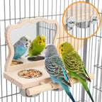 Wooden Bird Feeding Perch with Mirror & 2 Stainless Steel Cups