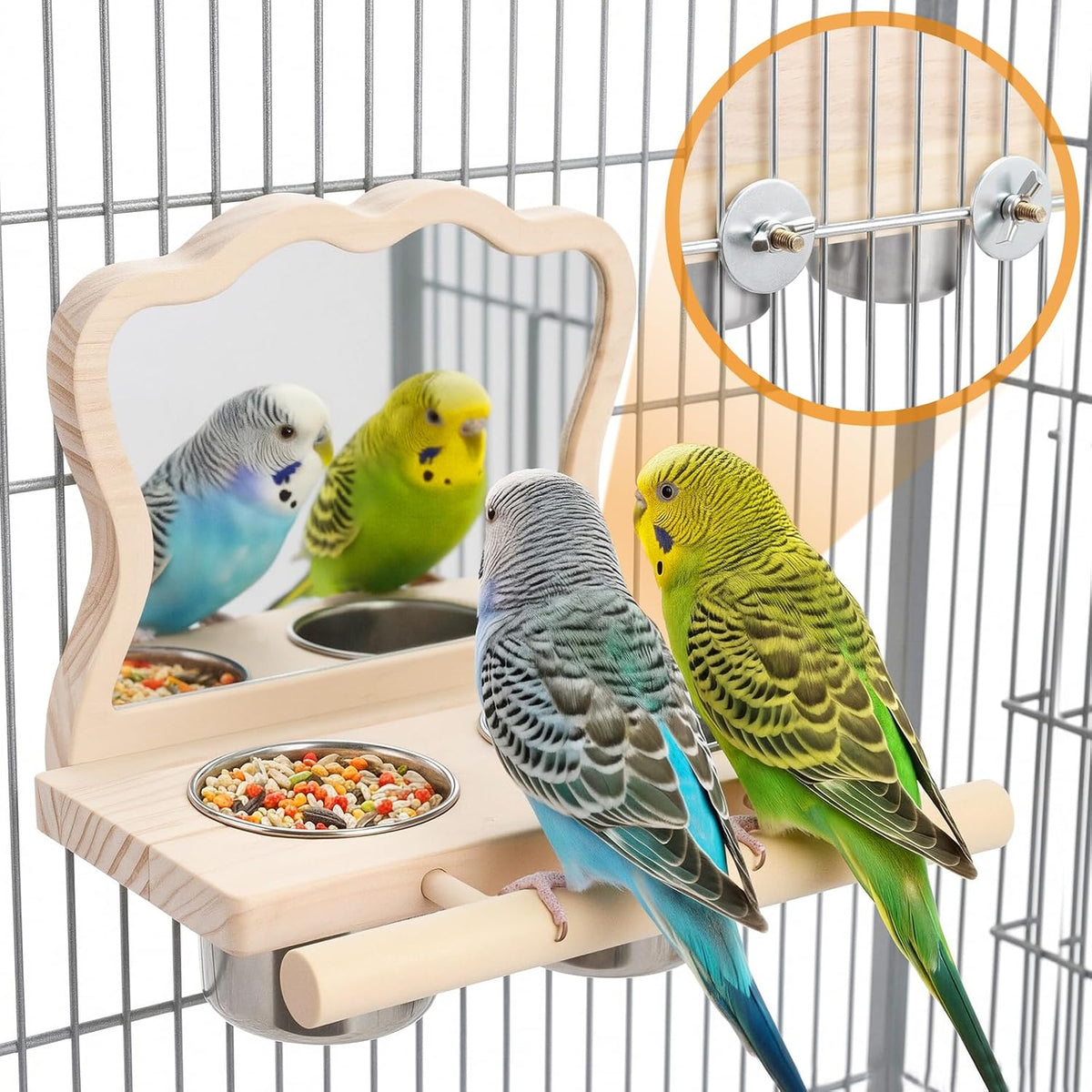 Wooden Bird Feeding Perch with Mirror & 2 Stainless Steel Cups