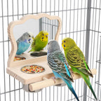 Wooden Bird Feeding Perch with Mirror & 2 Stainless Steel Cups