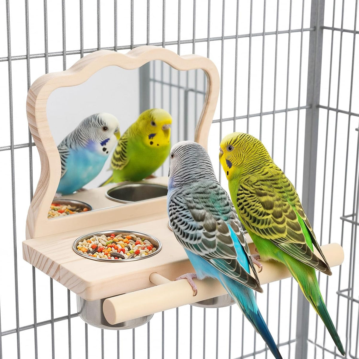 Wooden Bird Feeding Perch with Mirror & 2 Stainless Steel Cups