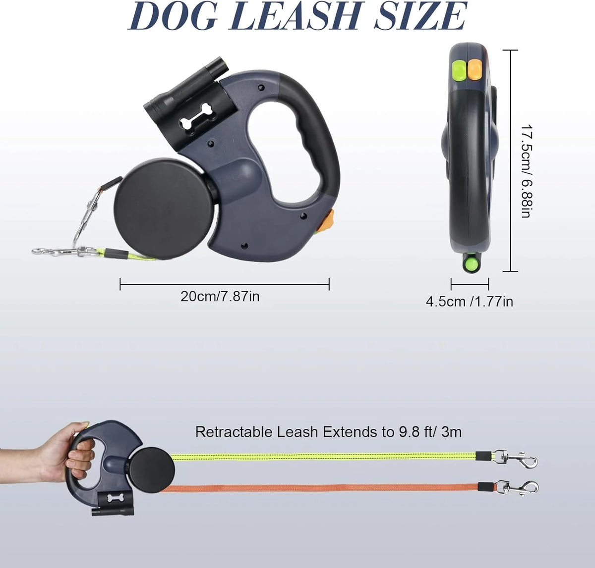 Dual Retractable Dog Leash with LED Light & Bag Holder – 10 ft
