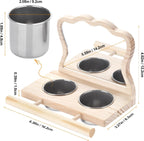 Wooden Bird Feeding Perch with Mirror & 2 Stainless Steel Cups