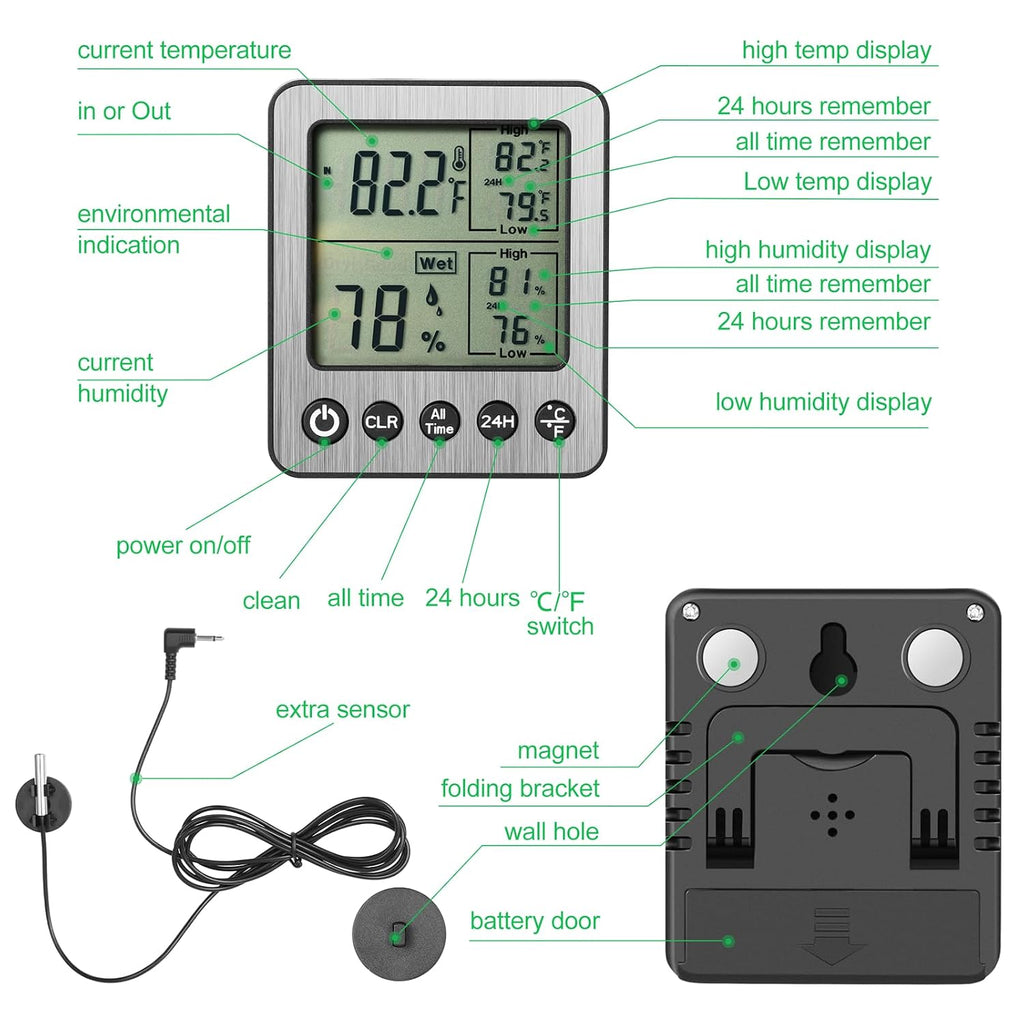 Digital Refrigerator Freezer Fridge Thermometer with Extra Sensor Reptile Thermometer Indoor Hygrometer Max and Min Remember Black ZZ20