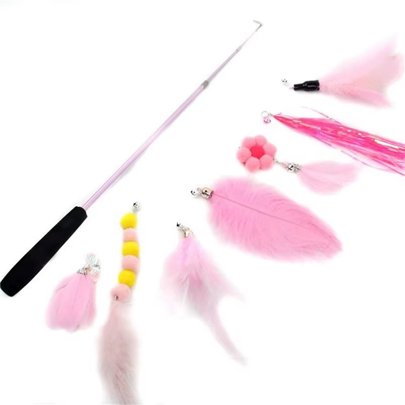 Cat Feather Toy 8PC Replacement Cat Stick with Bell Cat Feather Teaser Wand Pet Kitten Interactive Toy Retractable Fishing Road