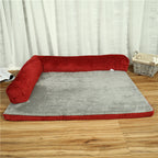 Red and gray corduroy pet dog bed with a soft cushioned surface and bolstered sides for comfort.