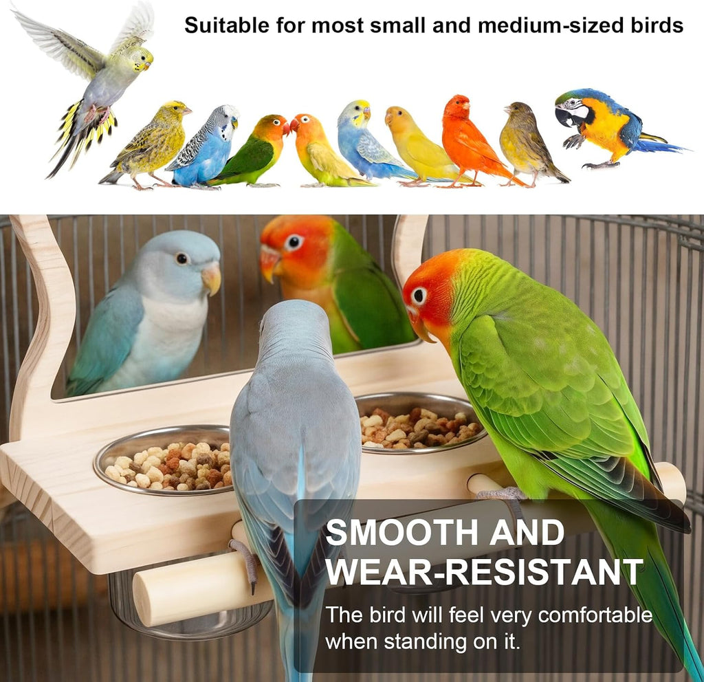 Wooden Bird Feeding Perch with Mirror & 2 Stainless Steel Cups