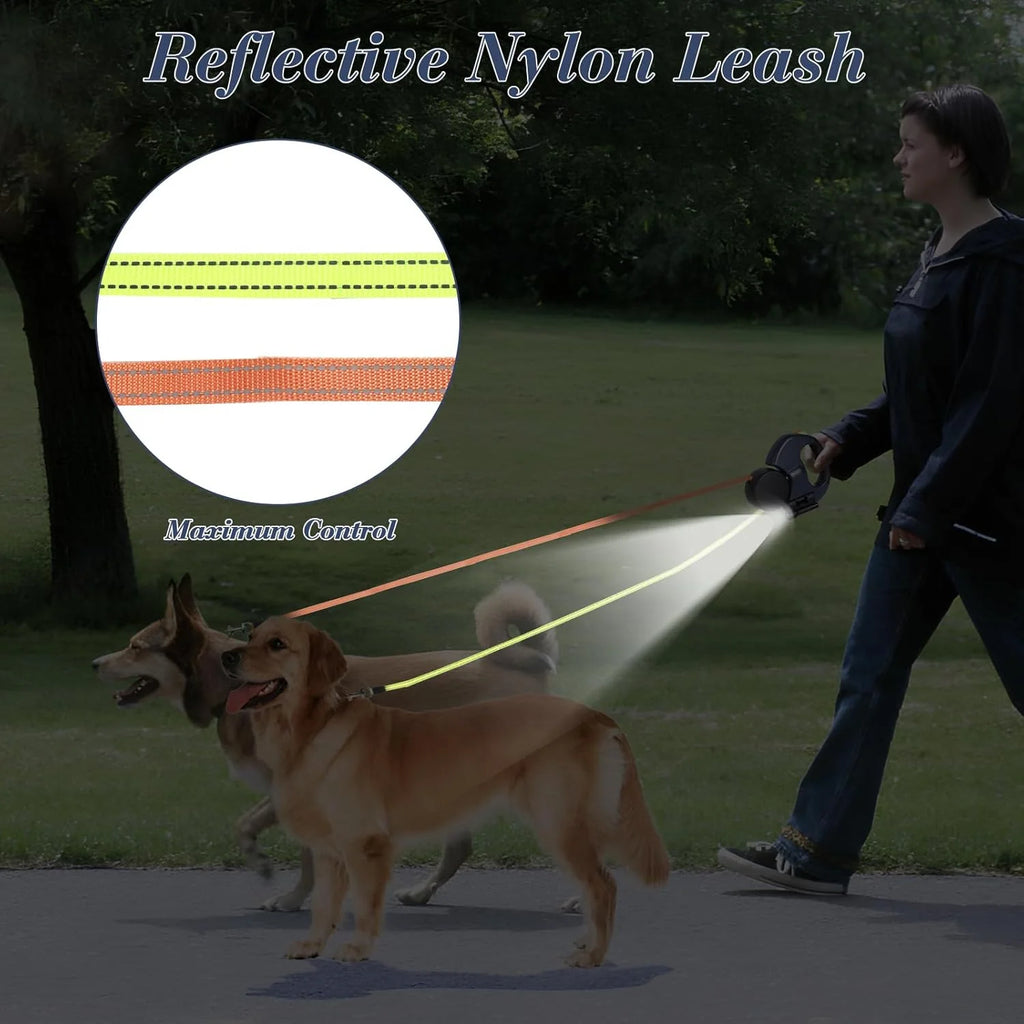 Dual Retractable Dog Leash with LED Light & Bag Holder – 10 ft