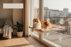 Cat relaxing on a foldable window hammock with suction cups in a sunny apartment