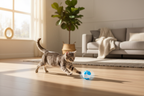 Indoor cat chasing a self-rolling interactive toy ball across a bright living room