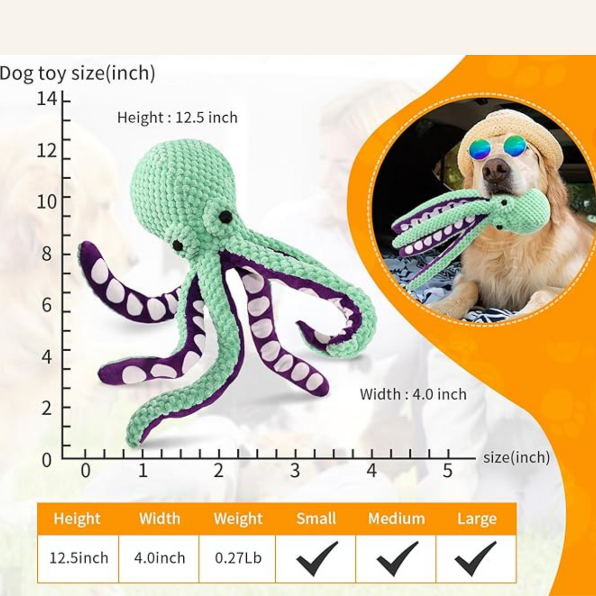 Octopus dog toy size chart